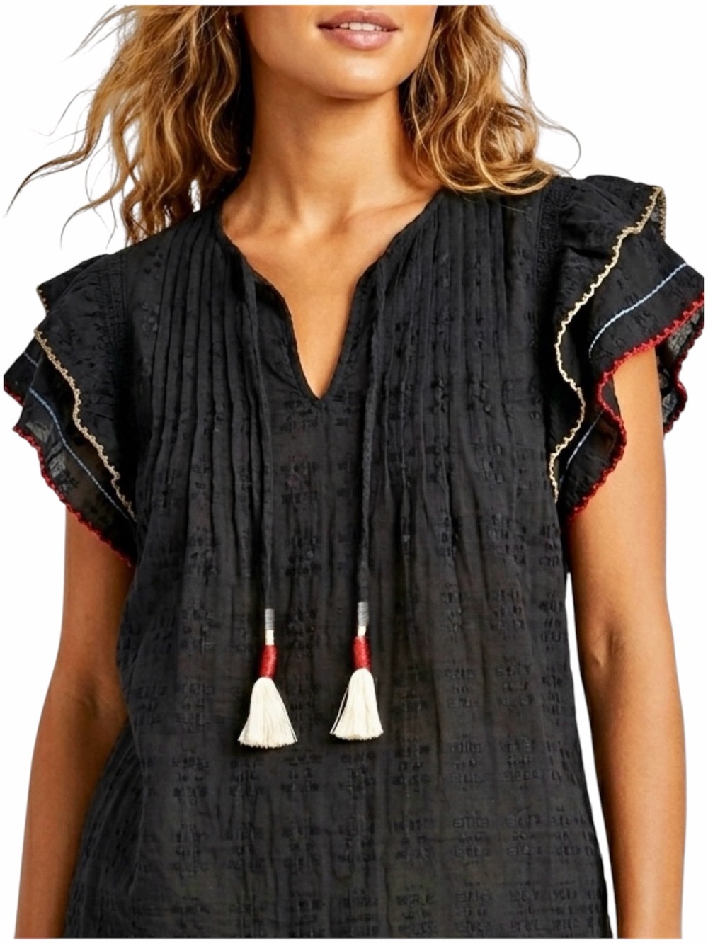 Acos&a Boho Chic Black Flutter Sleeve Blouse with Tassel Ties medium NWT